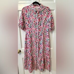 Loose Long Boxy Pink Floral Maxi Dress Sz L | Tiered Full Front Button Closure